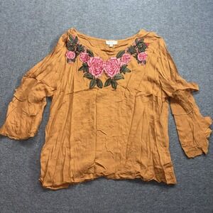 Umgee women's floral embroidered blouse Small Brown
